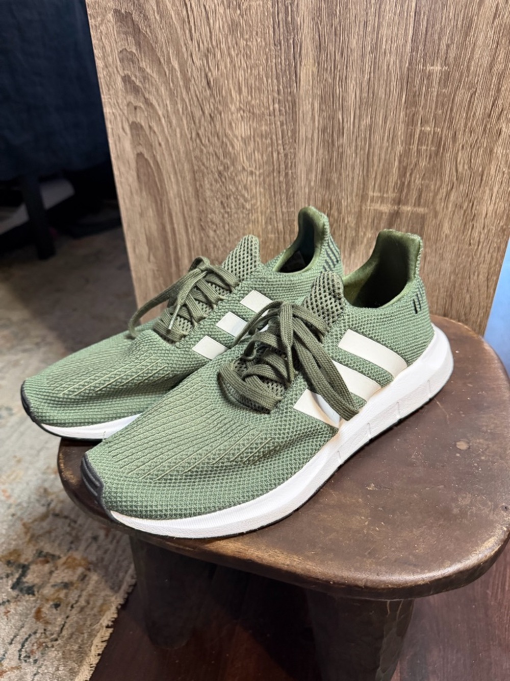 Adidas women’s Olive Green Knit Athletic Sneakers with White Stripes